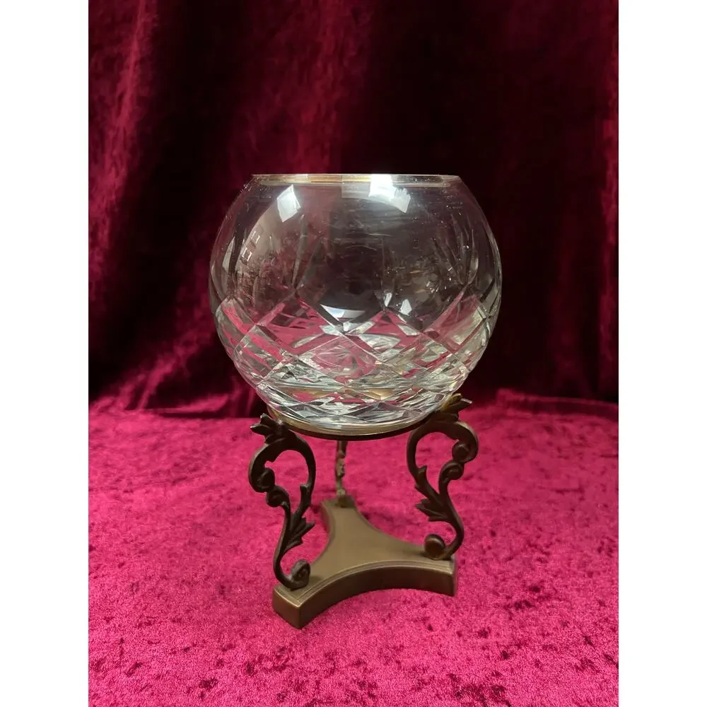 Vintage Cut Crystal Candle Holder - Rose Globe on Ornate Brass Pedestal Stand